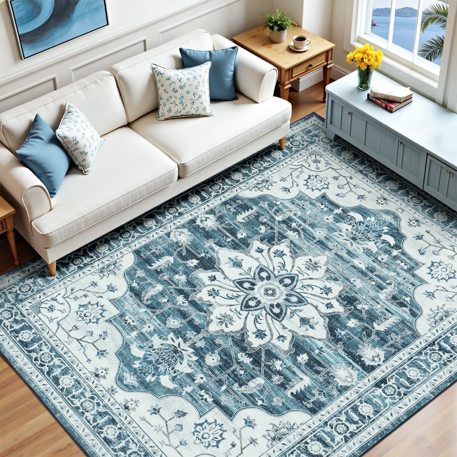 Vibrug 5x7 coastal blue white area rug offers soft underfoot comfort for living spaces.