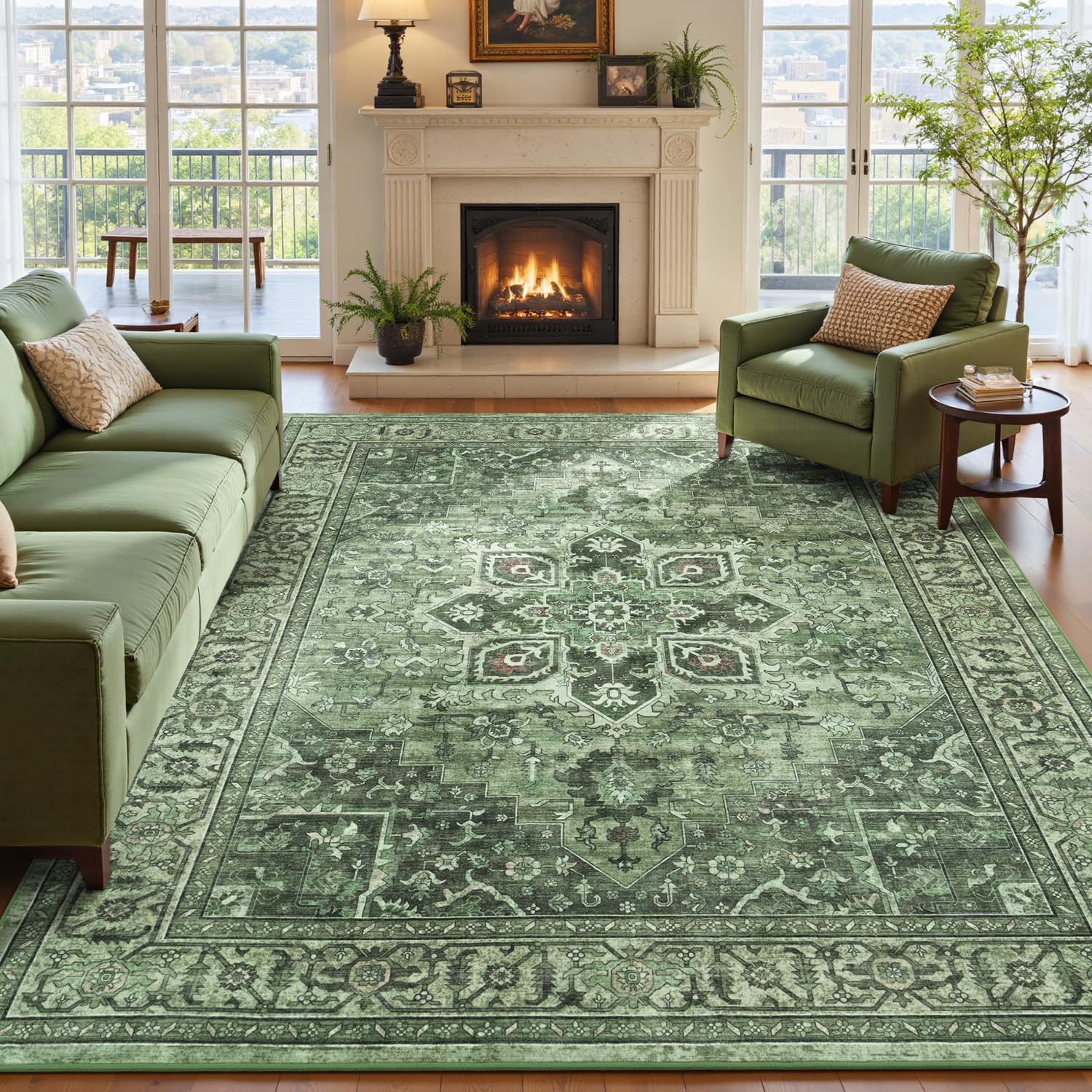 Vibrug Sage Green 8x10 vintage medallion rug for living room, adds warmth and style