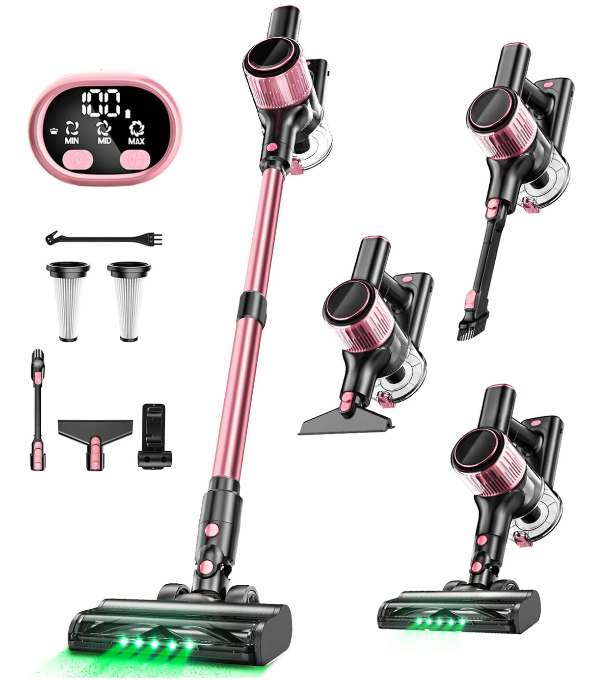 VICEASE cordless vacuum with LED display shows battery and mode for easy cleaning.