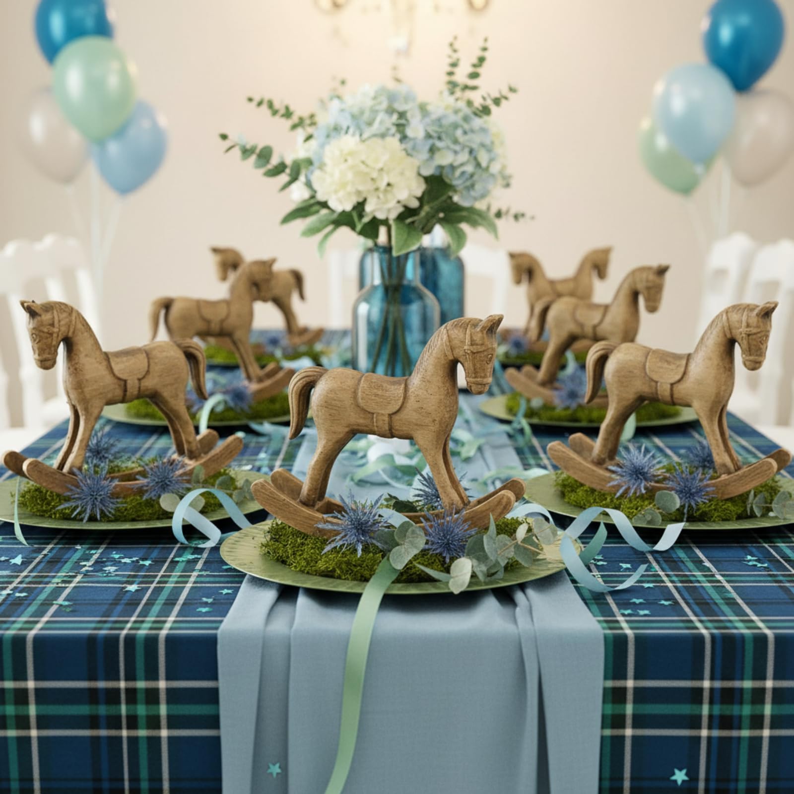 Vicenpal wooden-horse decor 06 pairs with plaid fabrics and greenery