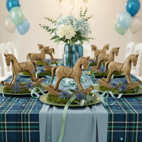 Vicenpal wooden-horse decor 06 pairs with plaid fabrics and greenery