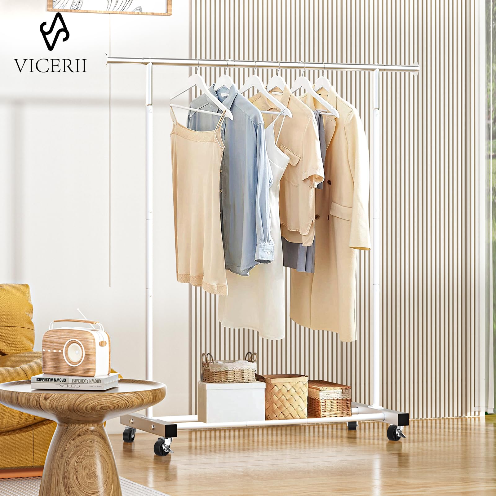VICERII rolling rack with 360° wheels for easy movement between rooms