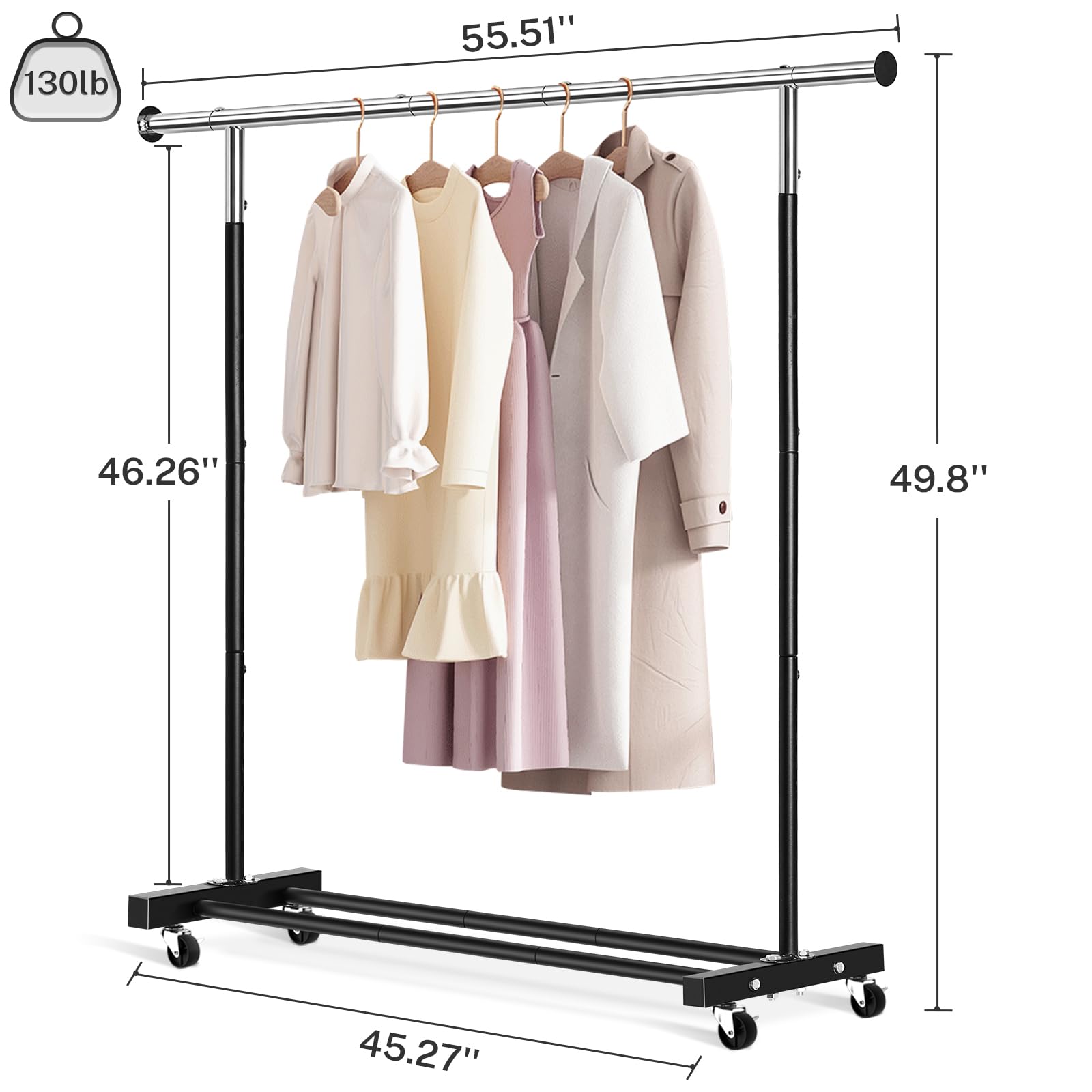 VICERII sturdy steel frame—heavy-duty support for dense wardrobes up to 130 lb.