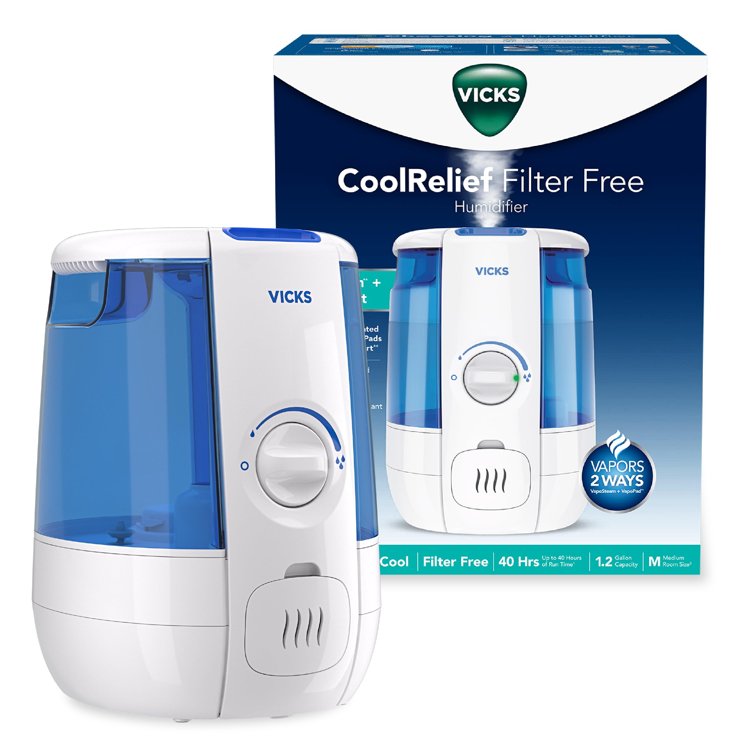 Vicks CoolRelief cool mist humidifier front view in a bedroom for quiet operation