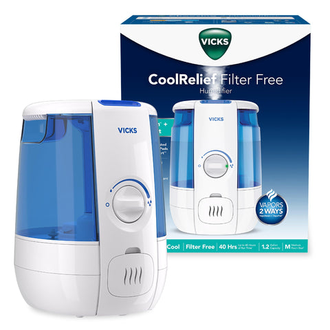 Vicks CoolRelief cool mist humidifier front view in a bedroom for quiet operation
