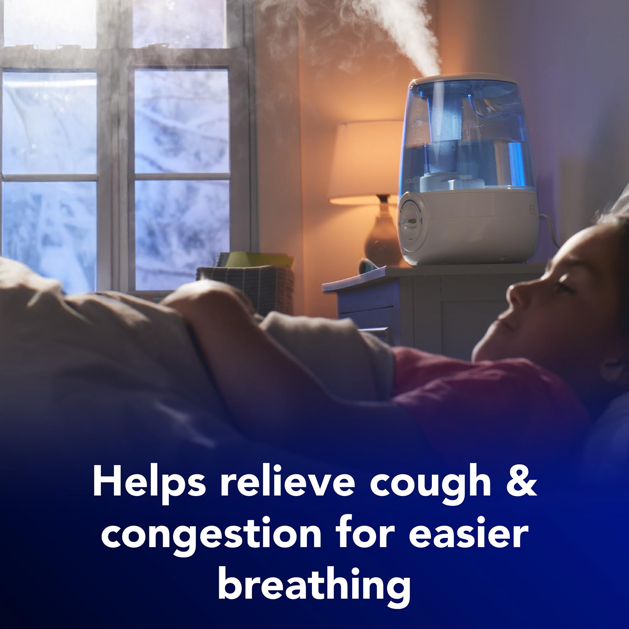 Vicks humidifier in a bedroom setup delivering cool mist for a good night.
