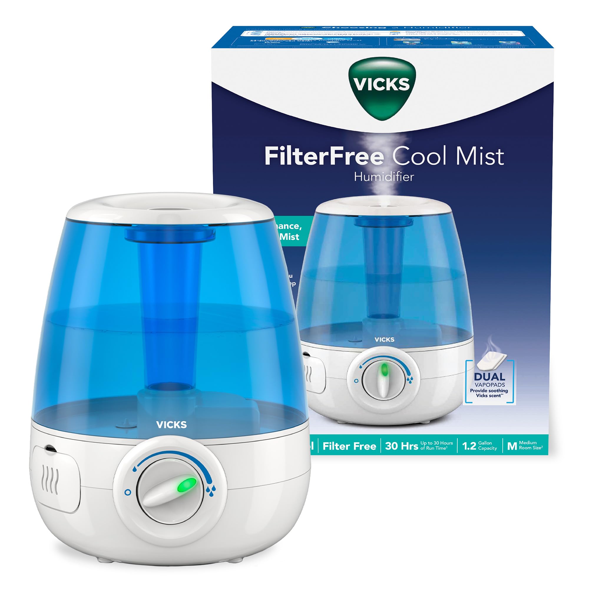Vicks Filter-Free Ultrasonic Humidifier front view for quiet bedroom comfort.