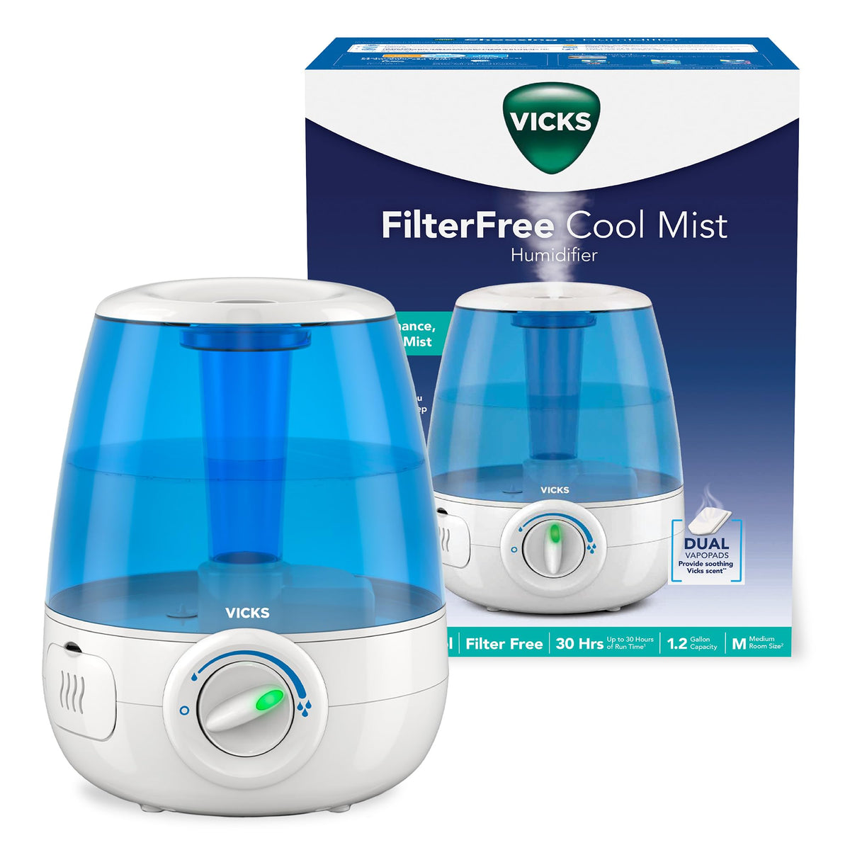 Vicks Filter-Free Ultrasonic Humidifier front view for quiet bedroom comfort.