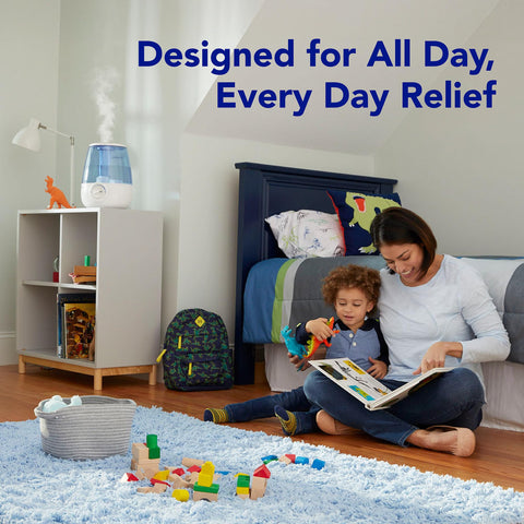 Night-time operation of Vicks humidifier delivering gentle mist with low noise.