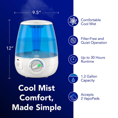 Open tank on Vicks humidifier showing easy filling and cleaning.