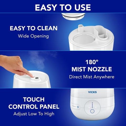 Vicks FilterFree Plus auto dimming lights minimize light disruption.