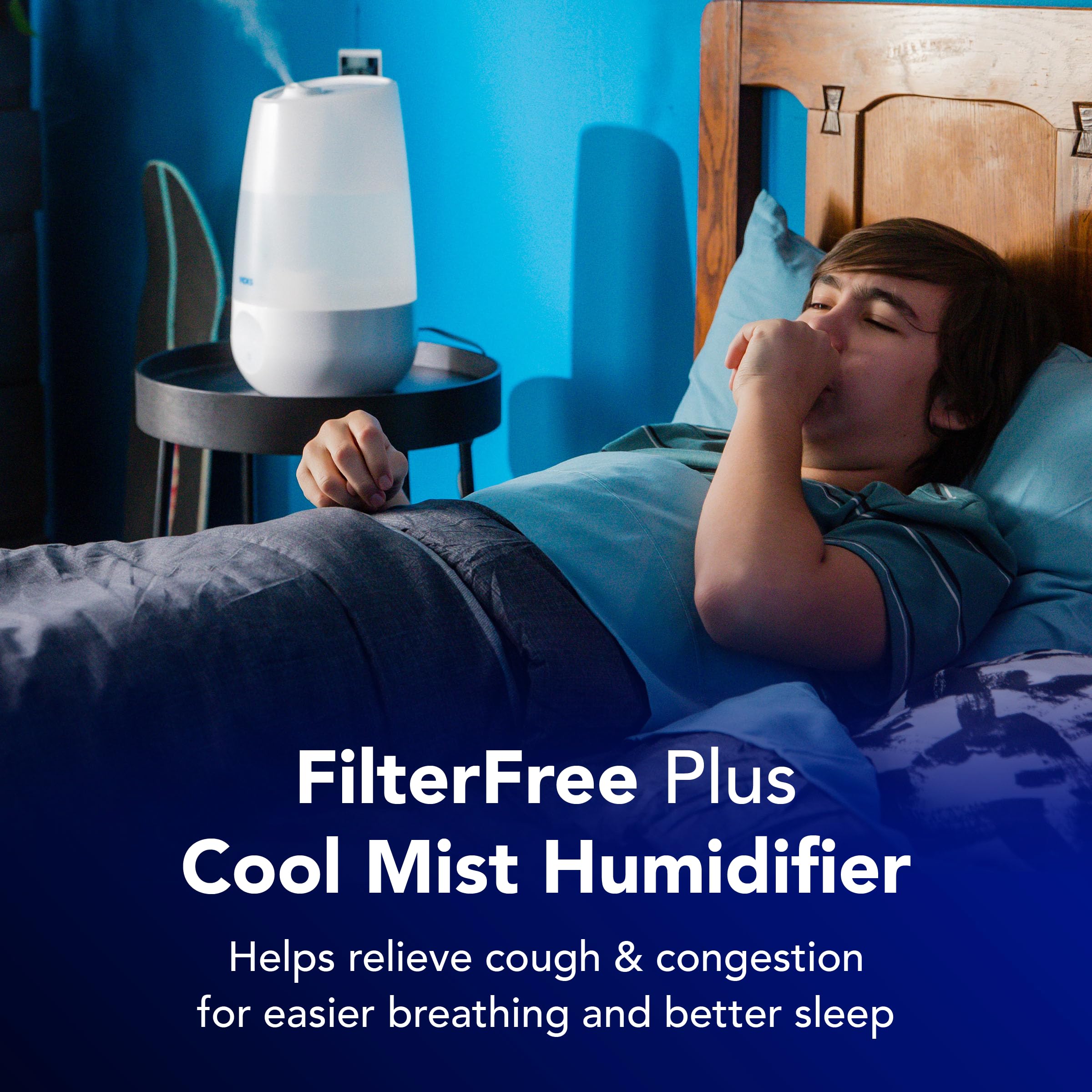 Vicks FilterFree Plus control panel for quick night-time adjustments.