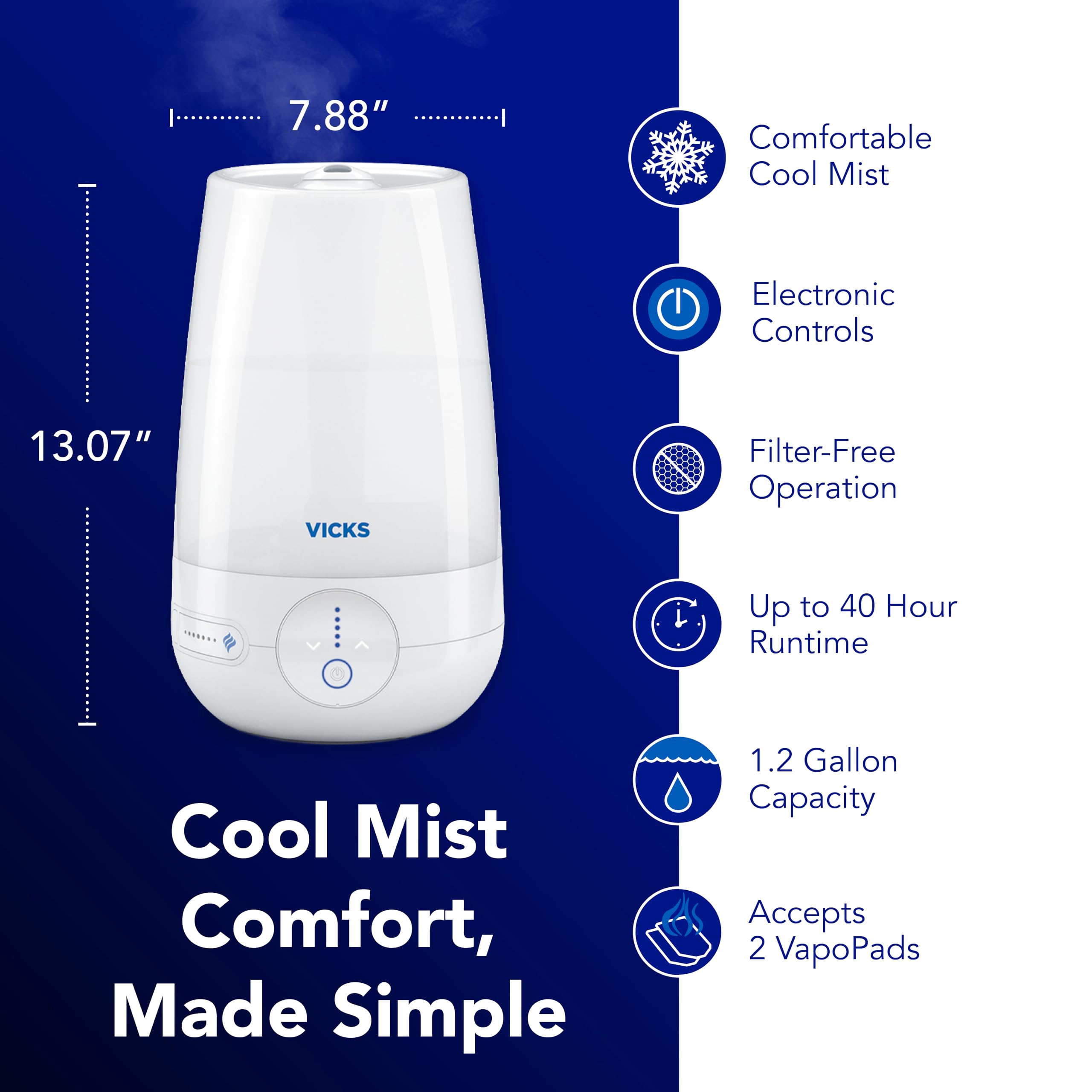Vicks FilterFree Plus filter-free design reduces maintenance needs.