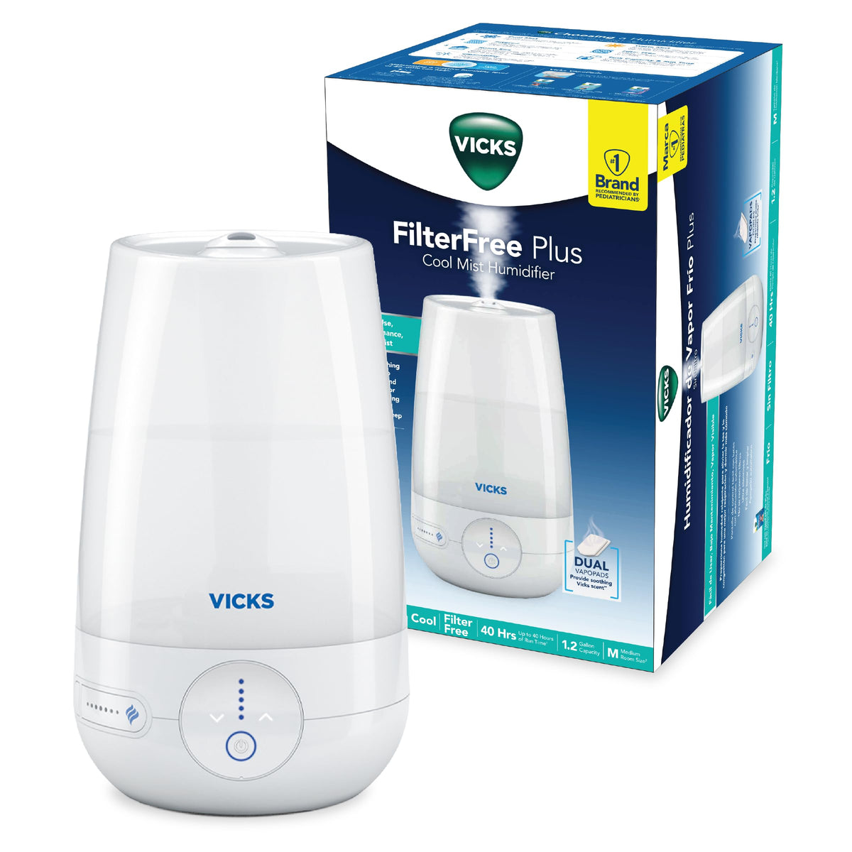 Vicks FilterFree Plus humidifier tank opening for easy filling in busy homes.