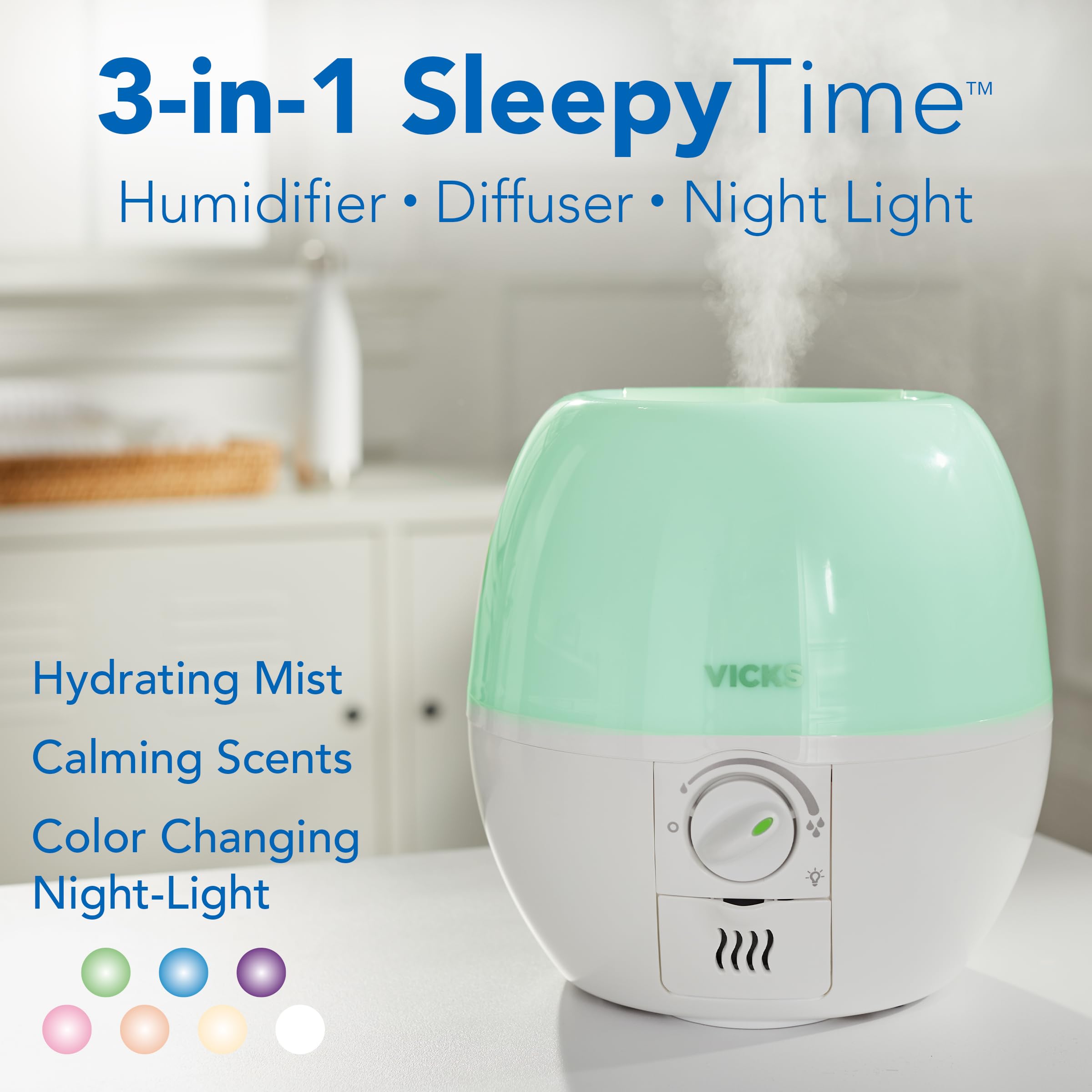 Vicks SleepyTime humidifier night light creating a calming glow