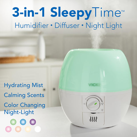 Vicks SleepyTime humidifier night light creating a calming glow