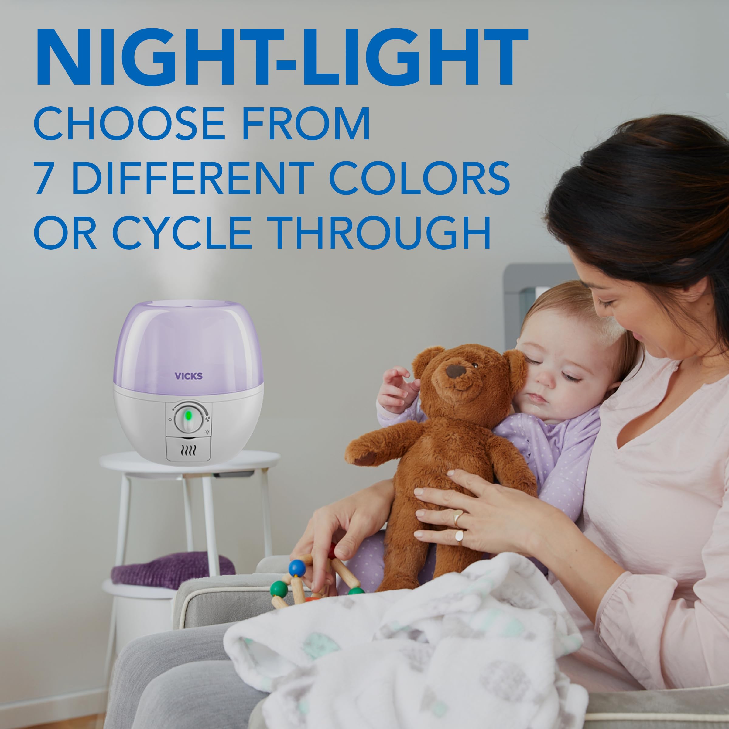 Vicks SleepyTime humidifier operating quietly in a bedroom