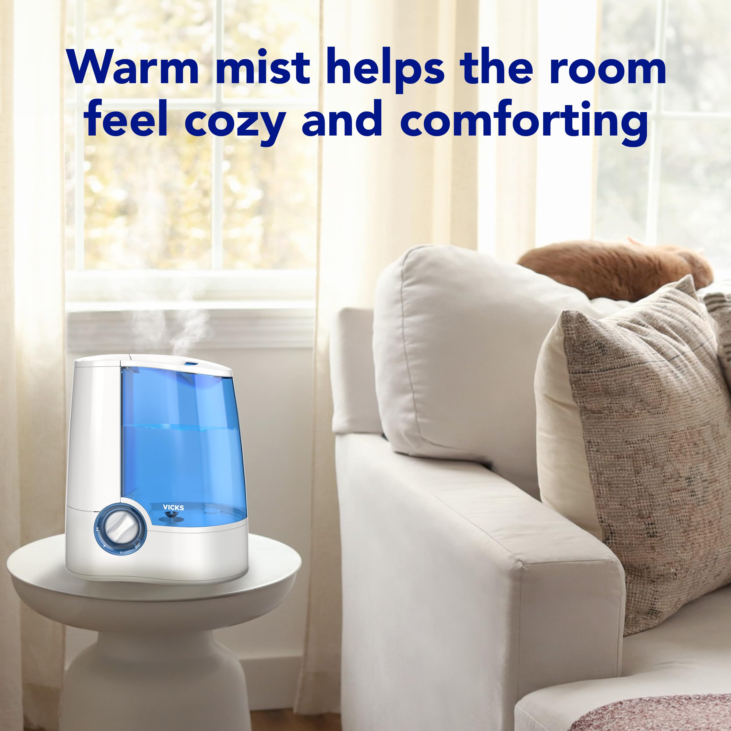 Vicks Warm Mist 1-gallon tank shown for long-lasting mist