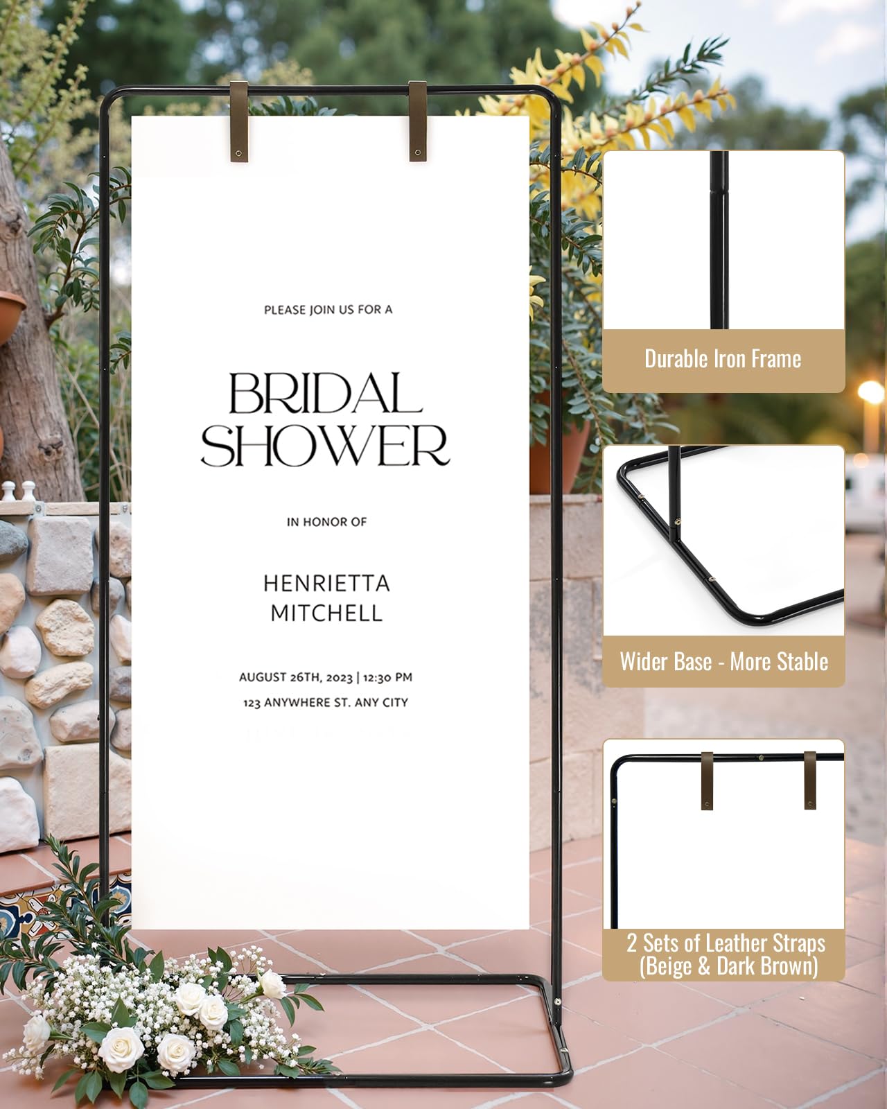 Victawks sign stand leather straps design bundle secures signs up to 0.4 inch thick.