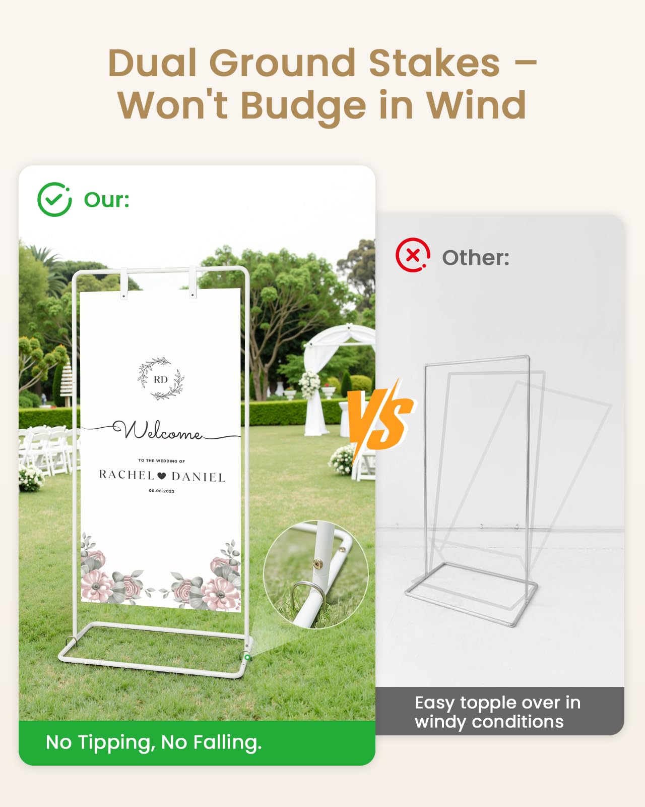 Victawks wedding sign stand with dual ground stakes ensures wind resistance on grass or beach