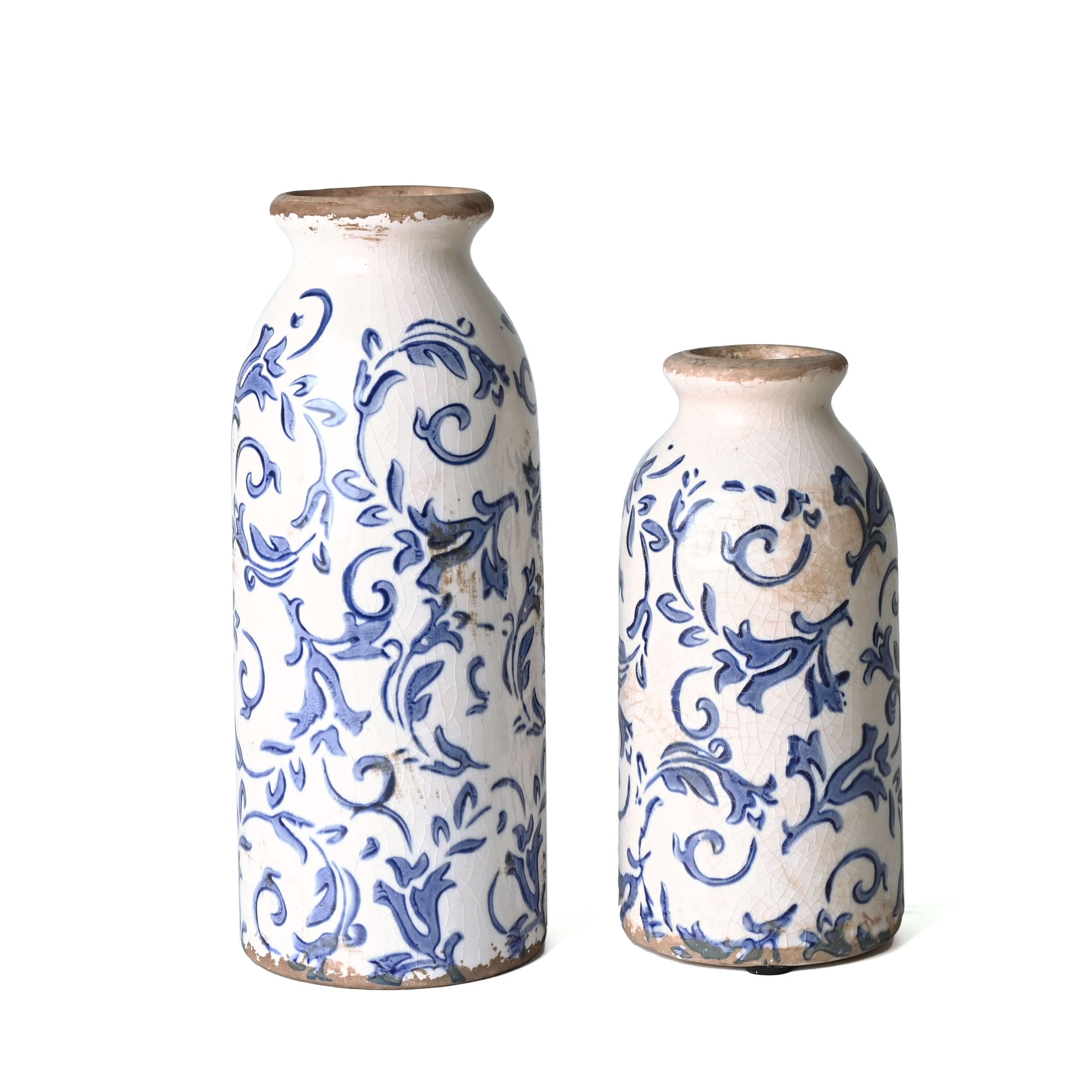 VICTOR & TERESA blue-white ceramic vases set, 8 inches tall, ideal centerpiece.