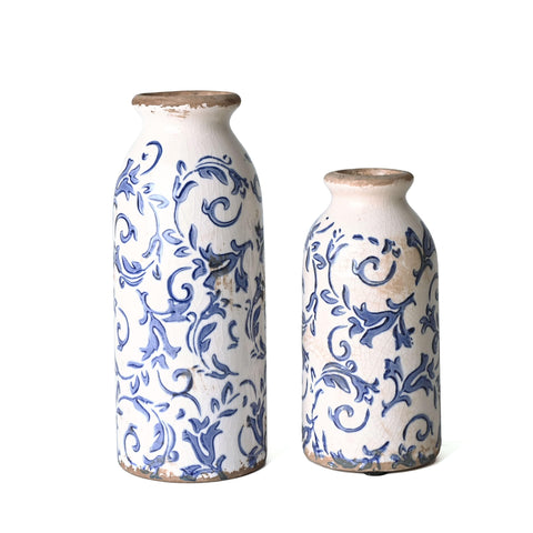 VICTOR & TERESA blue-white ceramic vases set, 8 inches tall, ideal centerpiece.