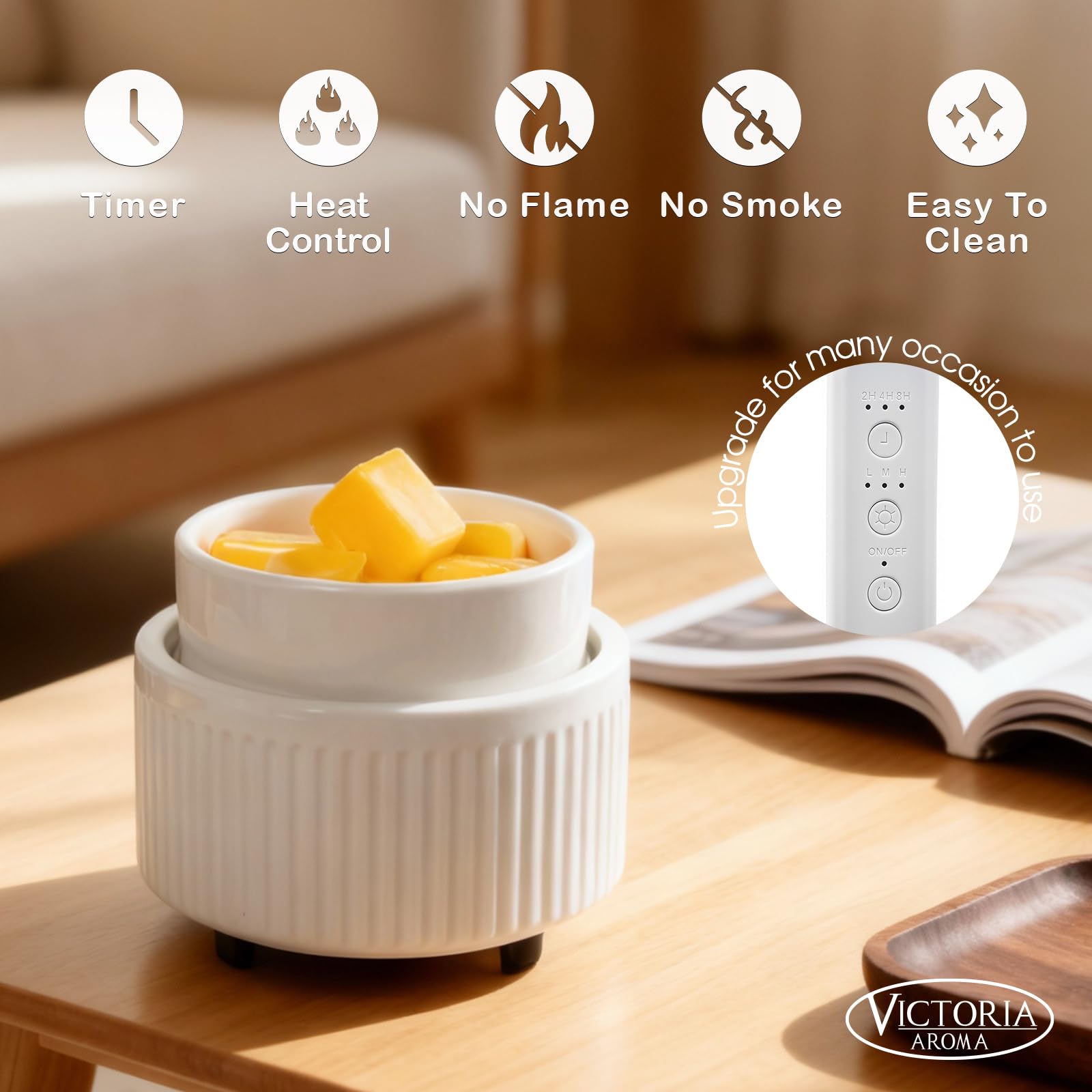 VICTORIA AROMA wax warmer auto timer enabling flexible fragrance cycles.
