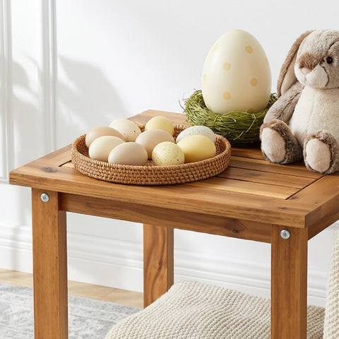 VICTORY RELAX acacia wood side table with two tiers boosts storage in living spaces