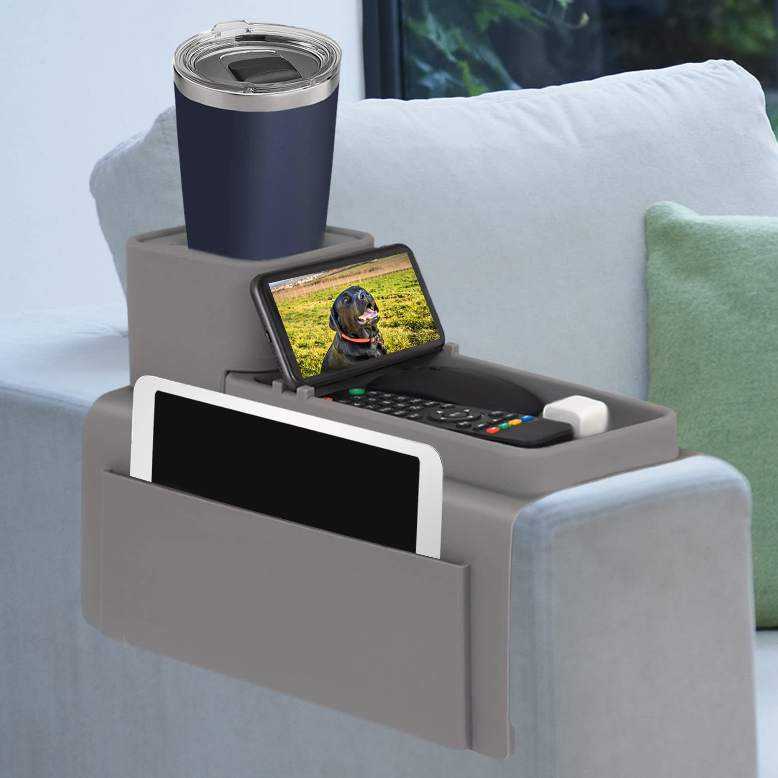 VIENFUT silicone couch cup holder tray with wide surface for 9.5-inch armrests