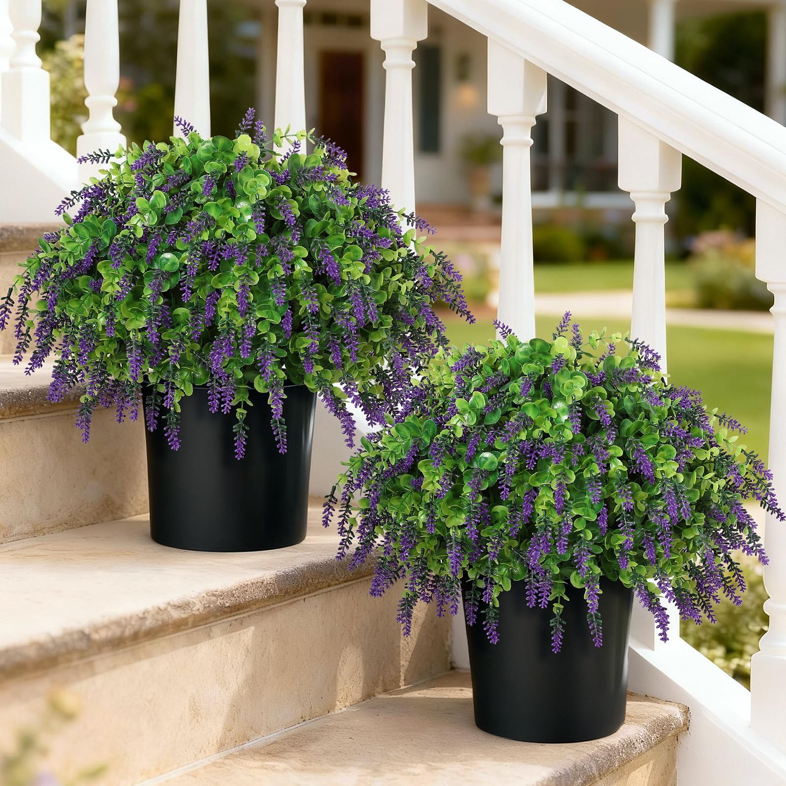 VIERENA artificial eucalyptus lavender topiary balls in pots at front door for curb appeal
