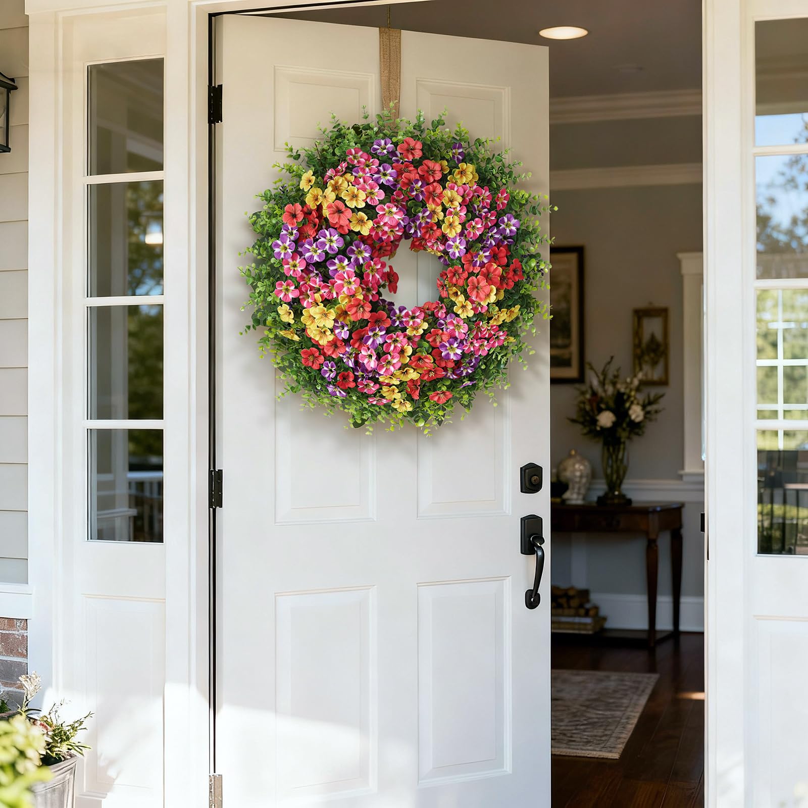 VIERENA artificial wreath features silk blooms and eco-friendly leaves for outdoor use.