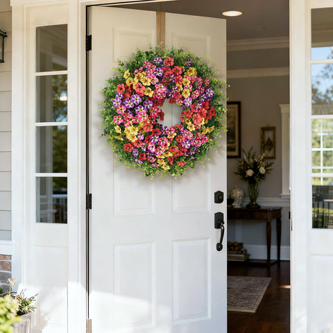 VIERENA artificial wreath features silk blooms and eco-friendly leaves for outdoor use.