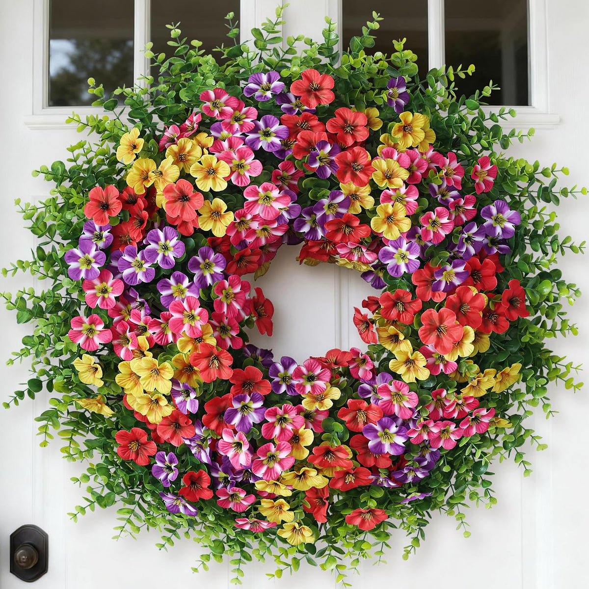 VIERENA 26-inch front-door wreath with eucalyptus and realistic blooms for curb appeal.