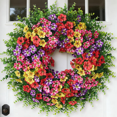 VIERENA 26-inch front-door wreath with eucalyptus and realistic blooms for curb appeal.