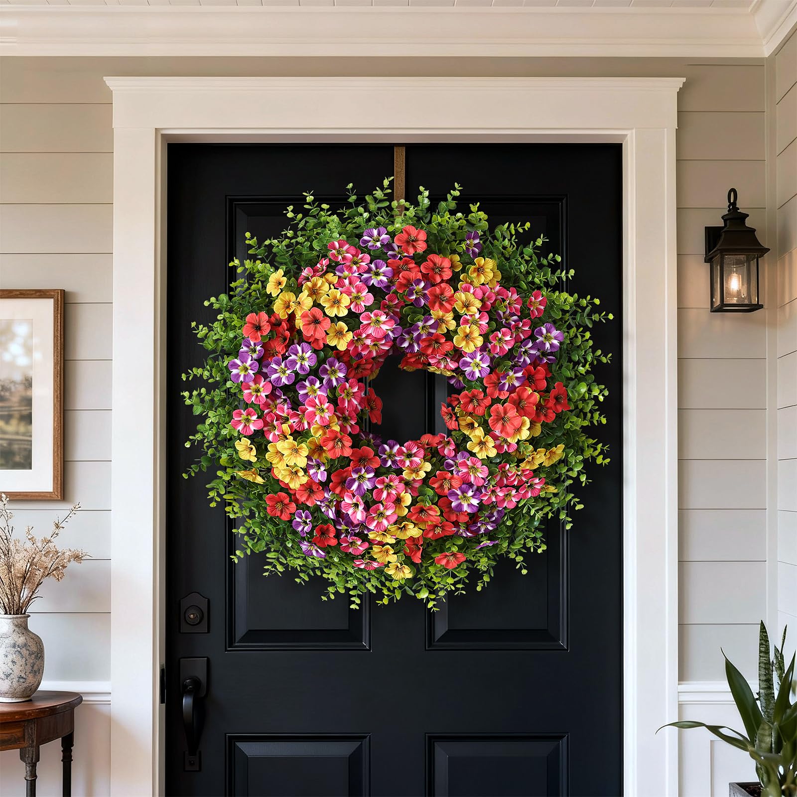 VIERENA eucalyptus wreath with morning glory flowers for elegant porch decor.