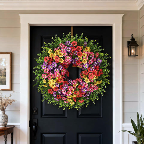 VIERENA eucalyptus wreath with morning glory flowers for elegant porch decor.