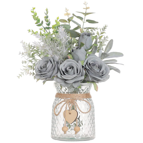 VIERENA faux flowers with vase displaying roses and eucalyptus in grey blue for cozy farmhouse decor