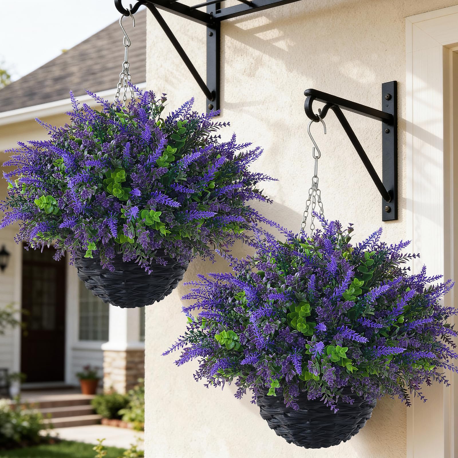VIERENA lavender and eucalyptus hanging basket on porch adds year-round color