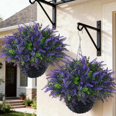 VIERENA lavender and eucalyptus hanging basket on porch adds year-round color