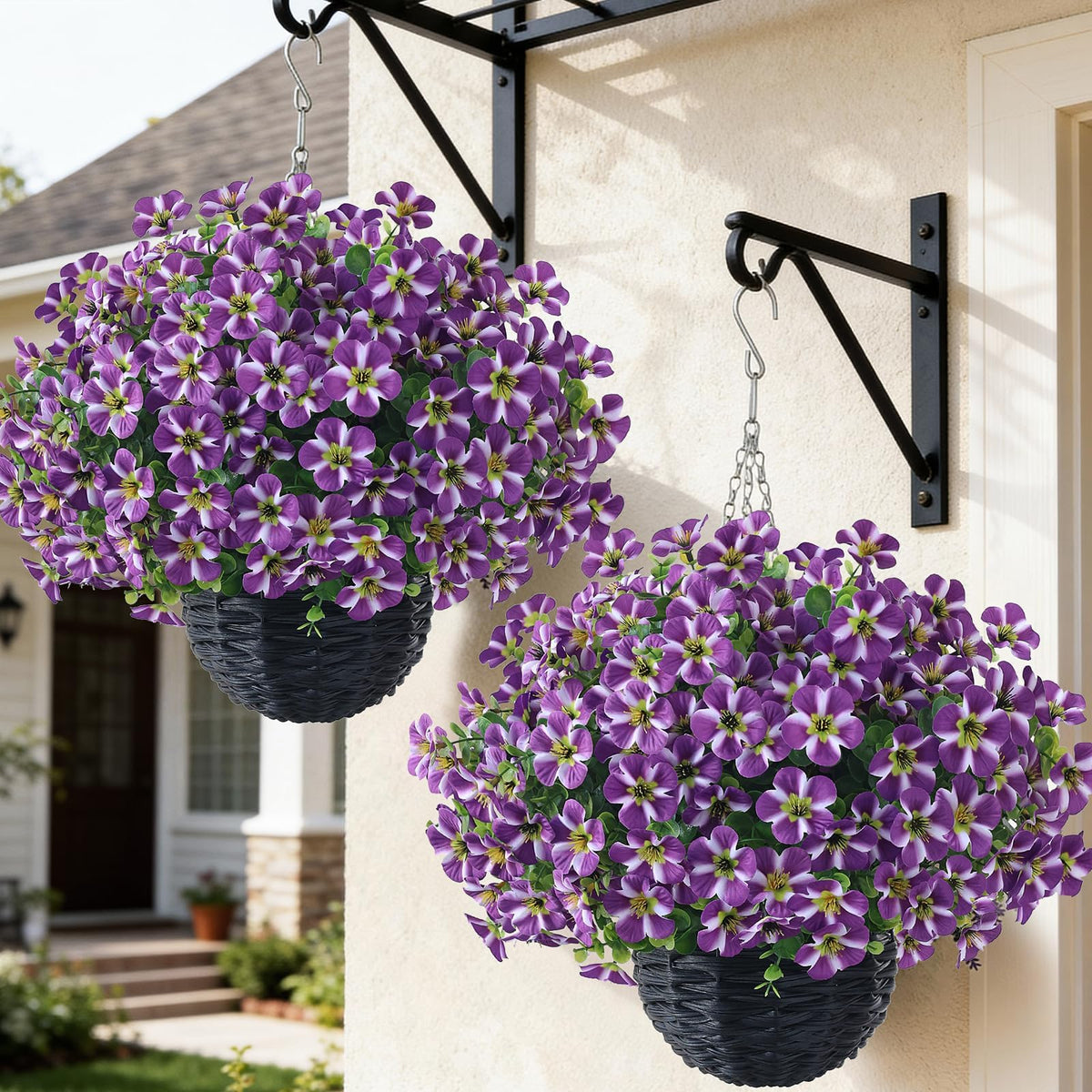 VIERENA morning glory baskets extended for porch decor with lush purple blooms.