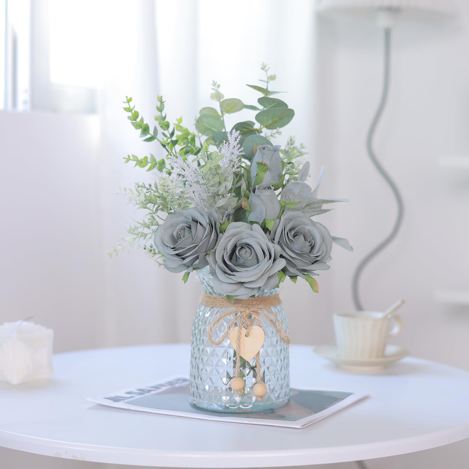 VIERENA silk roses close-up showing soft petals and realistic texture in grey blue