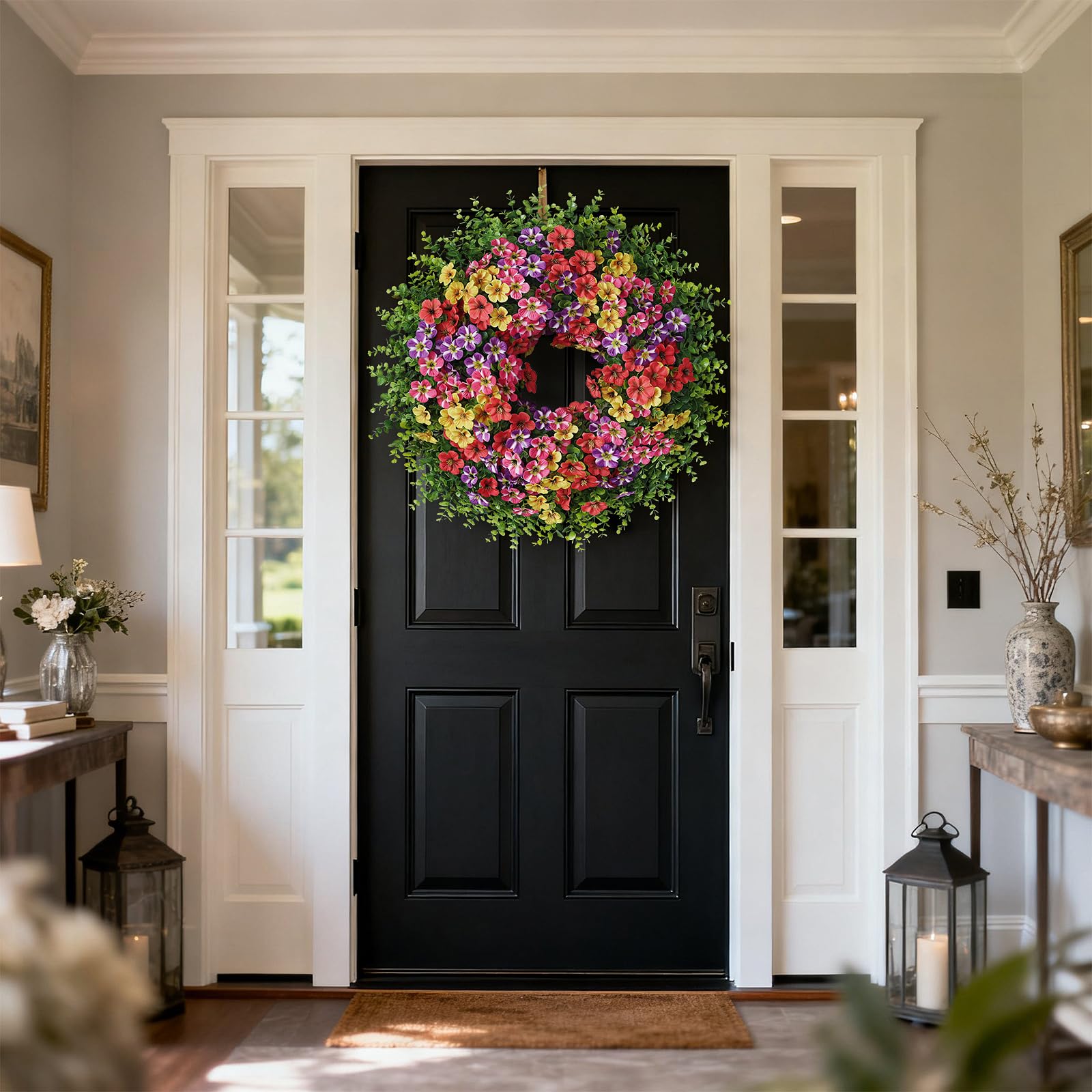 VIERENA farmhouse-style wreath suitable for indoor or covered outdoor spaces.