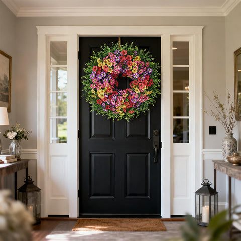 VIERENA farmhouse-style wreath suitable for indoor or covered outdoor spaces.