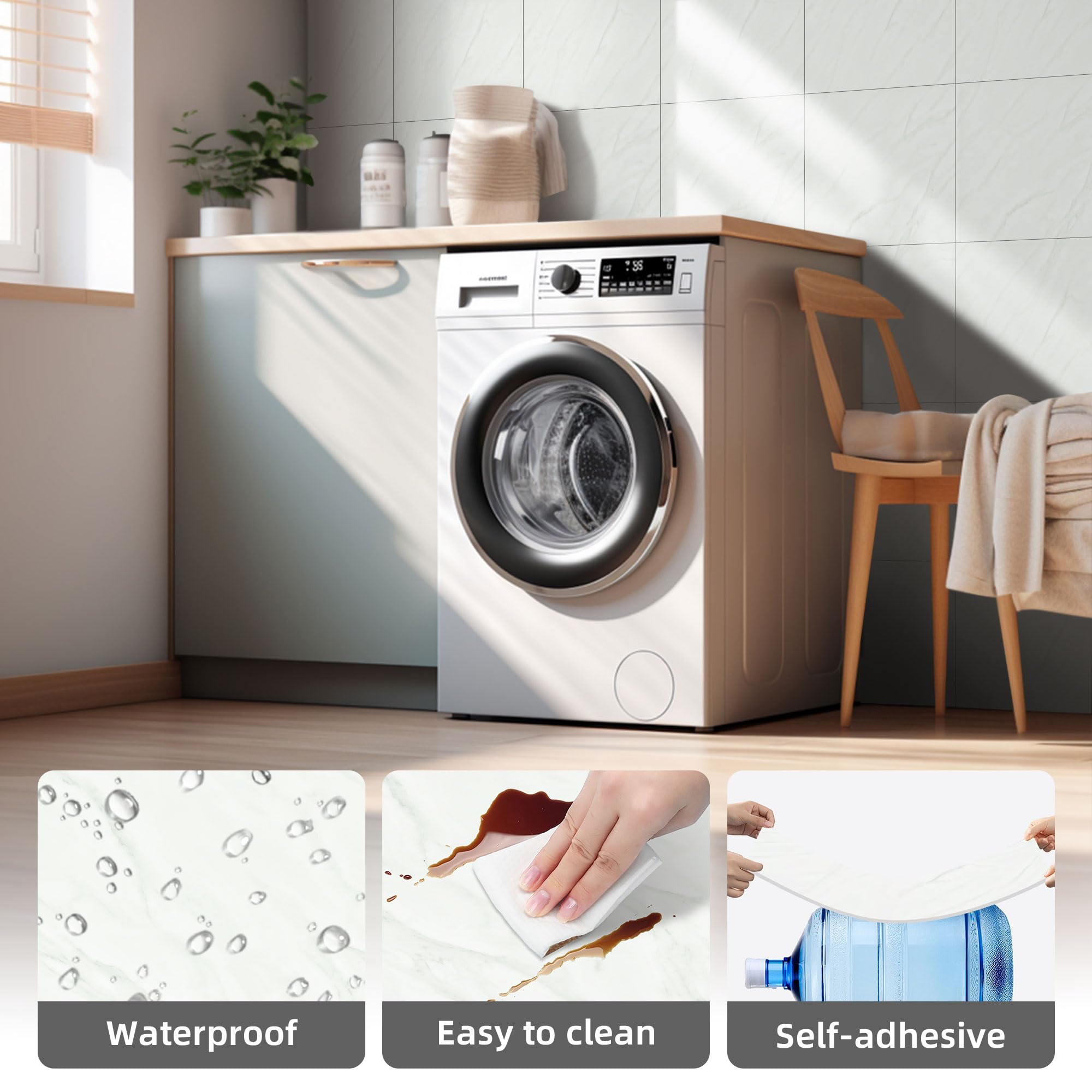 Vieshful easy-to-clean marble-look tiles make maintenance quick for busy kitchens.