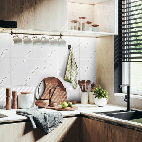 Vieshful marble-look wall panels provide moisture resistance for bathrooms and kitchens