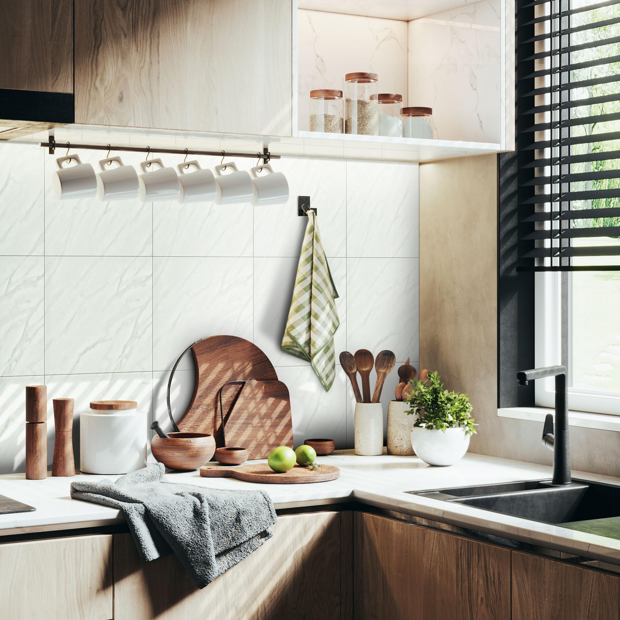 Vieshful peel-and-stick backsplash tiles simplify updates with no grout or tools.