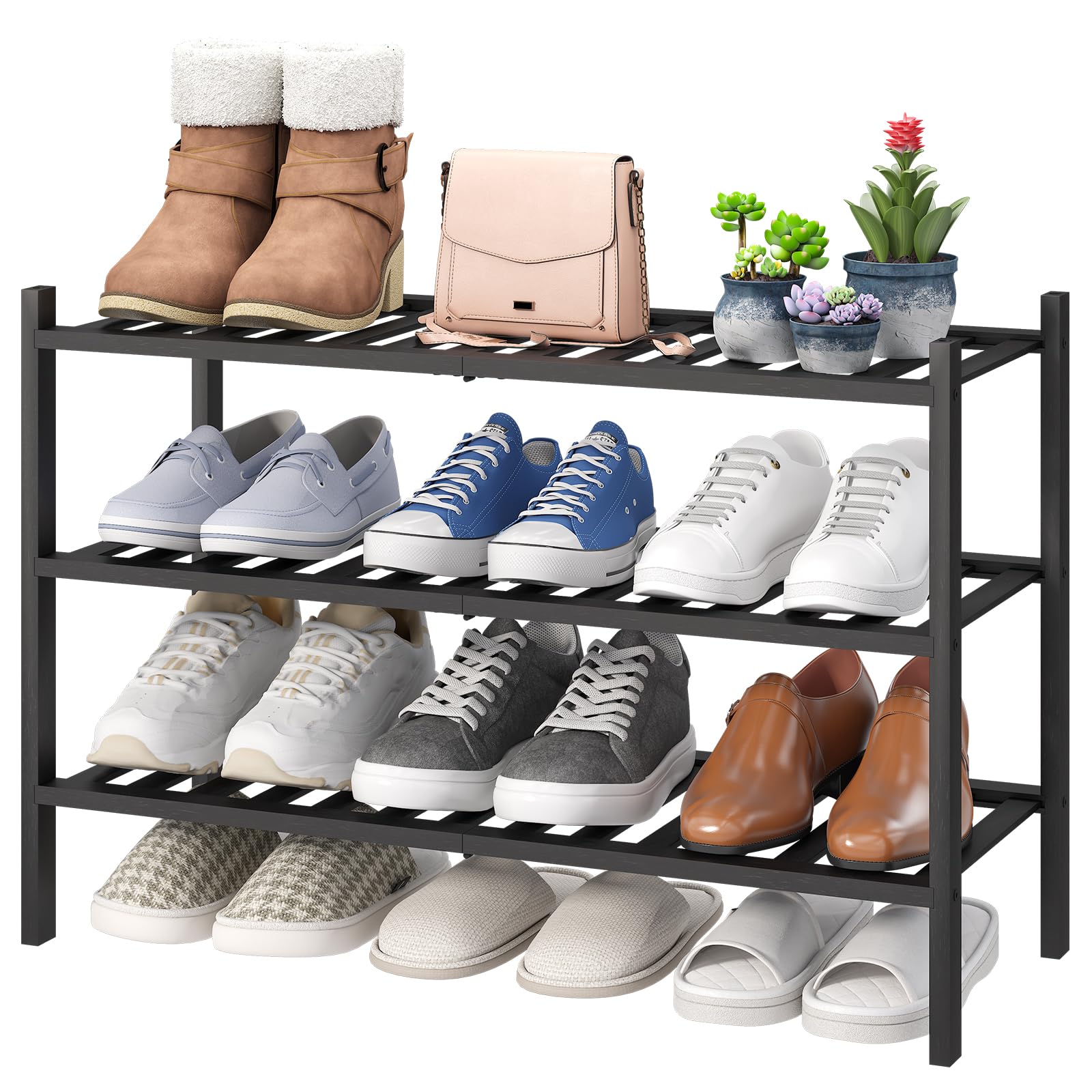 Viewcare 3-tier black bamboo shoe rack front view for organized entryways