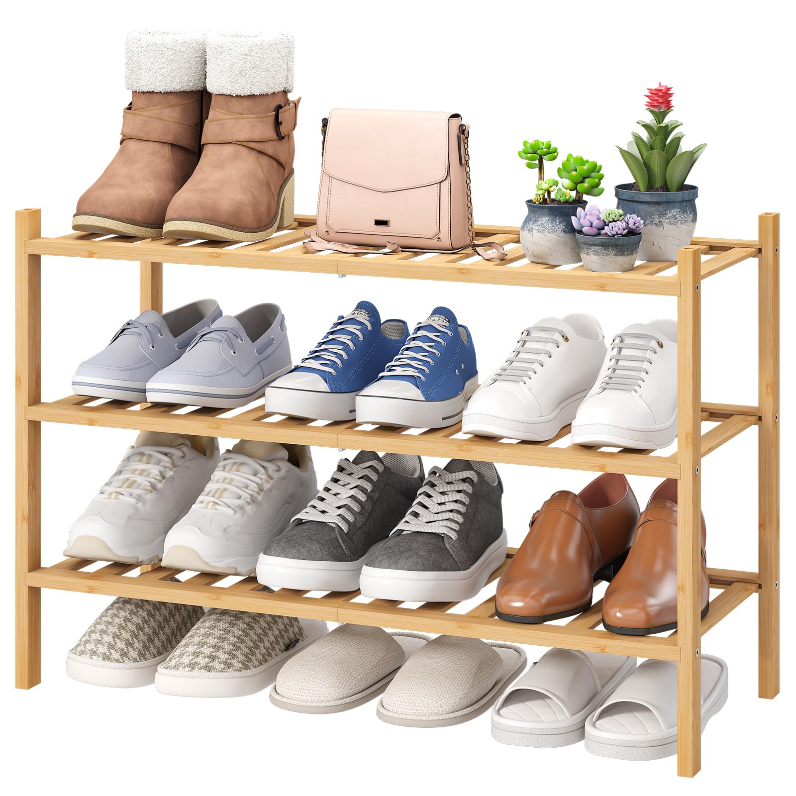 Viewcare 3-tier free-standing bamboo shoe rack in entryway for organized footwear.
