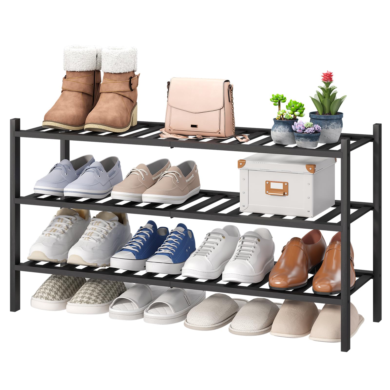 Viewcare 3-tier bamboo shoe rack in entryway showing sturdy build