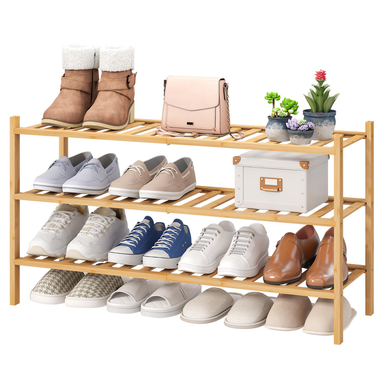 Viewcare 3-tier long shoe rack assembly showing sturdy bamboo shelves.